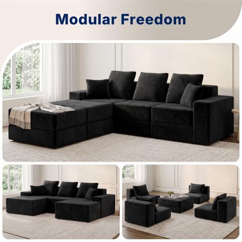 Image of Living&Giving 101 inch U-Shaped Cloud Sectional Couch for Living Room, Cloud Boneless Couch-No Assembly with Reversible Chaise, Customizable 3-Seat Modular Sectional Sofa with 2 Ottoman, Black