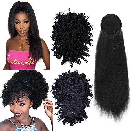 Afro High Puff Hair Bun Drawstring Ponytail With Bangs Short Kinky Curly Pineapple Pony Tail Clip in Updo Wrap Around 24 Inch Synthetic Kinky Straight Ponytails Hairpiece Hair Extensions for Women