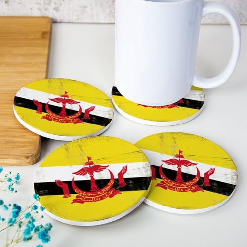 Lot de 4 sous-verres ronds vintage avec drapeau national du Brunei pour table basse, sets de table amusants avec base pour la maison, 10,2 cm