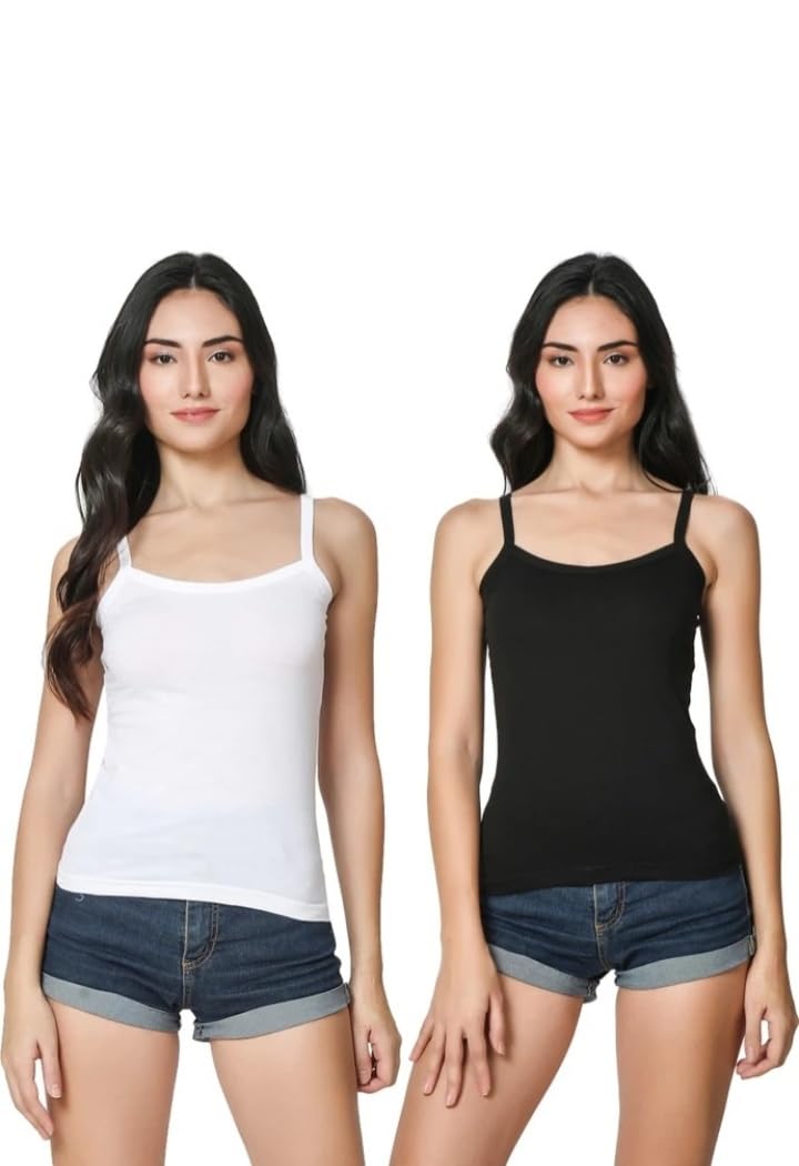 FabVastra Women's Cotton Blend Camisole Slips, Black & White, Size XL (95 cm), Pack of 2-picture-26