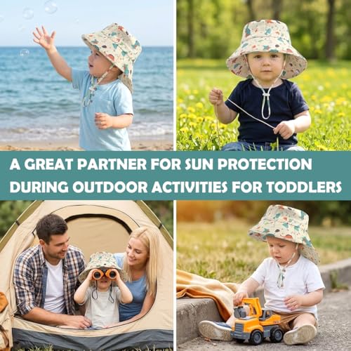 Image of SNOWIE SOFT Dinosaur Bucket Hat Sun Cap for Baby Boy 1-3 Years with Chain Strap, UPF 50+ Sun Protection Baby Cap for Kids Wide Brim Beach Hat Cute Summer Caps for Baby Boy