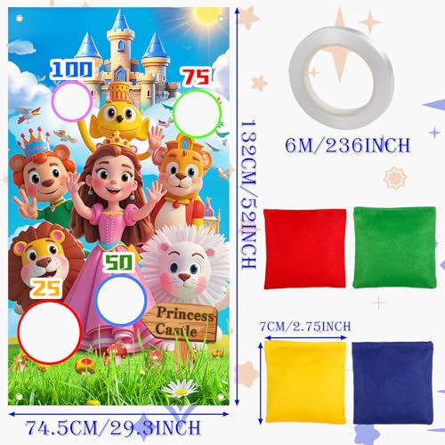 Cptoion Princess Castle Toss Games Banner with 8 Nylon Bean Bags,Princess Bean Bags Toss Game for Kids,Princess Theme Birthday Party Supplies,Indoor Outdoor Activities