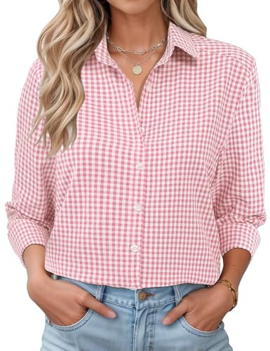 LOMON Womens Long Sleeve Blouses Summer V Neck Button Down Shirts Everyday Cotton Plaid Tops Pink and White Plaid XL