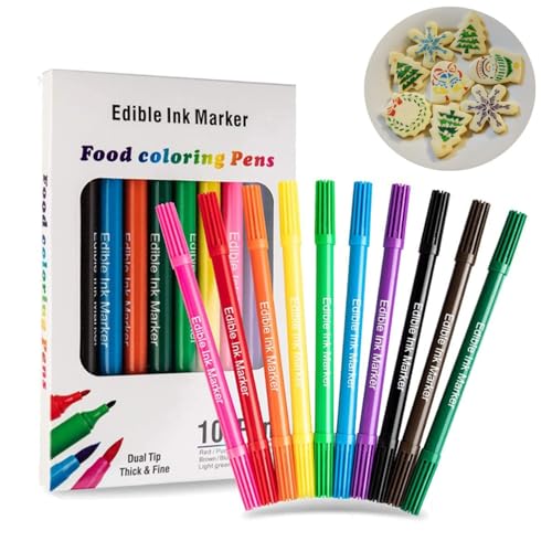Image of Cycayit 10-Pack Edible Ink Markers - Edible Ink Pens，Dual-Tip Edible Markers for Cookies, Cupcakes, Fondant, Easter Eggs & Party Decorating - Food Coloring Pens Ideal for DIY Desserts & Custom Designs
