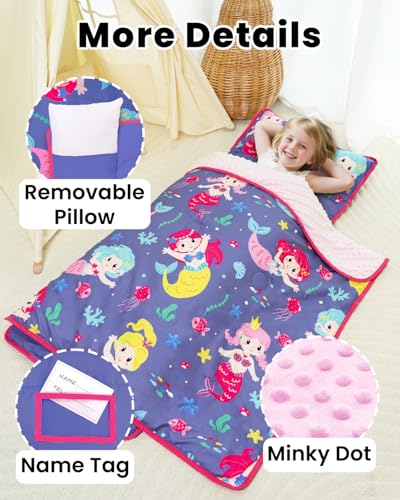 Image of Primlect Toddler Nap Mat with Detachable Blanket and Removable Pillow, Kids Sleeping Bag 55''x35'' for Daycare Preschool Kindergarten, Toddler Sleeping Mat for Boys and Girls