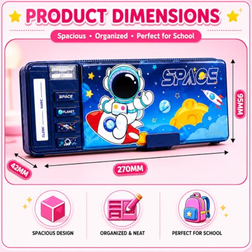 Image of Space Theme Multifunction Pencil Box for Kids | Large Capacity Compass Box with Sharpener, Timetable Card, Pen & Pencil Holder | School Stationery Organizer Case (Blue)