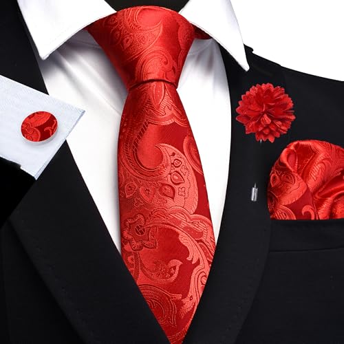 Image of GUSLESON Paisley Tie Set for Men 3.15 inch Necktie Lapel Pin Hankerchief Cufflinks Set for Men