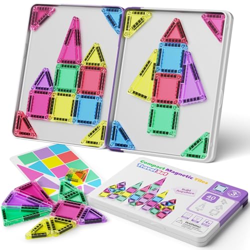 WMXDU Mini Magnetic Tiles, 40PCS Magnetic Building Blocks with Iron Box, Magnet Toys Travel Size On-The-Go Construction Set STEM Travel Toys for Boys and Girls Ages 3+