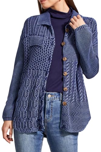 Image of Tribal Women's Tribal Women's Button-up Patchwork Sweater Shacket Drop Shoulder with Special Wash