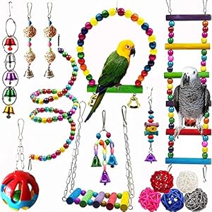 KUTKUT 15 Pcs Bird Parrot Swing Chewing Toys, Wooden Hanging Bell with Hammock Climbing Ladder Colorful Pet Birds Cage Toys for Small Parakeet Cockatiel Conures Finches Macaws Love Birds