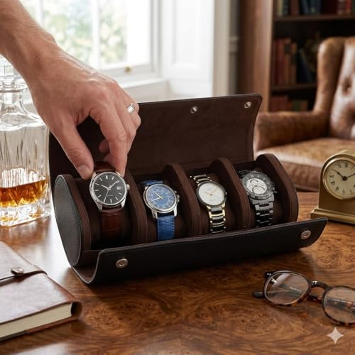 Image of essart Travel Watch Roll Case 4 Slots - Portable Luxury Watch Organizer & Storage Box for Men & Women