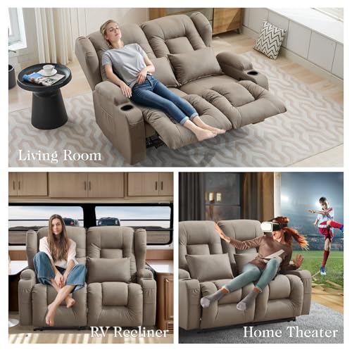 Image of Loveseat Recliner Sofa,RV Wall Hugger Recliners for Small Spaces,Reclining Loveseat Sofa Recliner with Cup Holders /Lumbar Pillows,RV Furniture (Khaki, 56 inch 2-Seater)