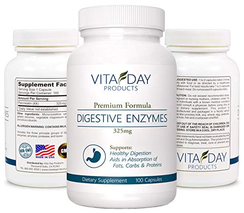 Premium Digestive Enzymes Supplement - Digestion of Fats, Carbs & Proteins - Protease, Amylase & Lipase - Pancreatin 4X 325mg - 100 Capsules - Pancreatic Enzyme