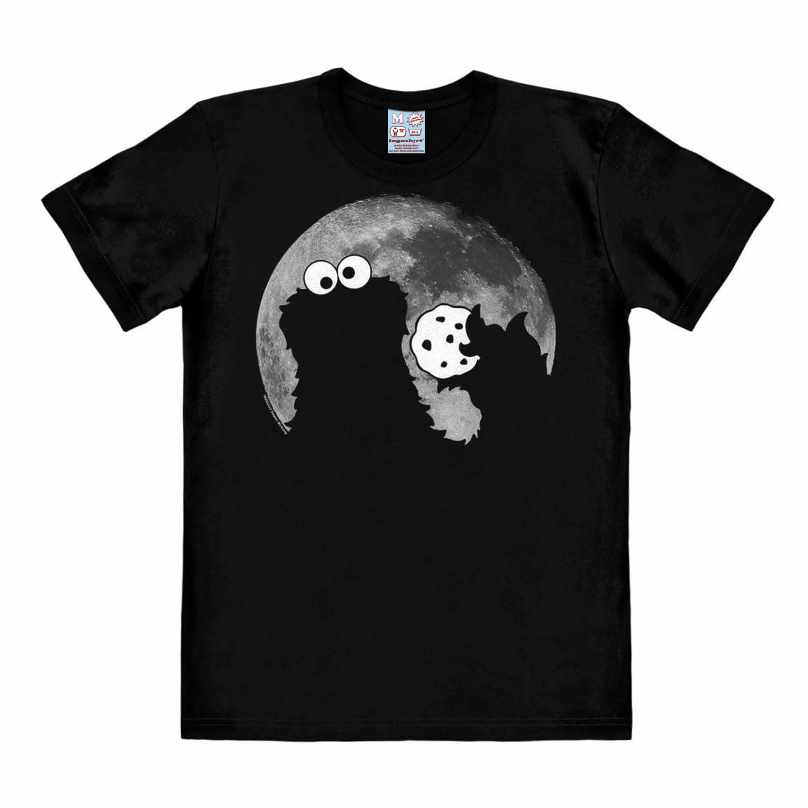 Logoshirt® Sesame Street I Cookie Monster I Moon I Print T-Shirt I Men & Women I Short Sleeve I Black I Licensed Original Design I Size L