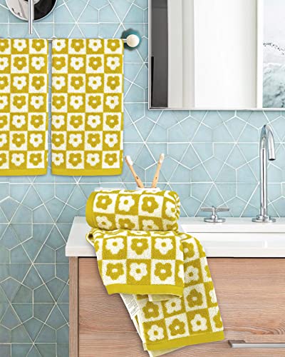4 Pack Cotton Hand Towels For Bathroom Kitchen - Soft And Quick Drying Face Towels Checkered Floral Yellow, 410 Gsm, 29” X 13” #TOP3