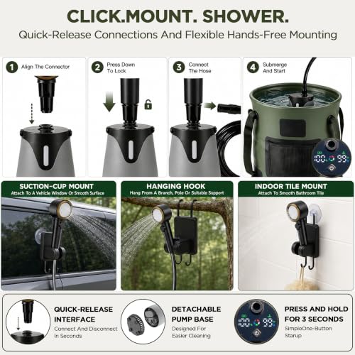 Ducha portátil para camping, bomba recargable 8000mAh con pantalla LED de temperatura y batería, balde plegable 25L, 5 niveles de rociado, impermeable IPX8, carga USB-C, ducha de campamento para interior y exterior miniatura 6