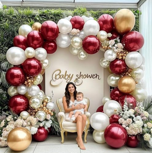 Image of Burgundy Gold Balloons Garland Double Stuffed Pearl White Gold Maroon Wine Red Balloon Arch Kit for Wedding Baby Shower Bridal Birthday Party Decoration