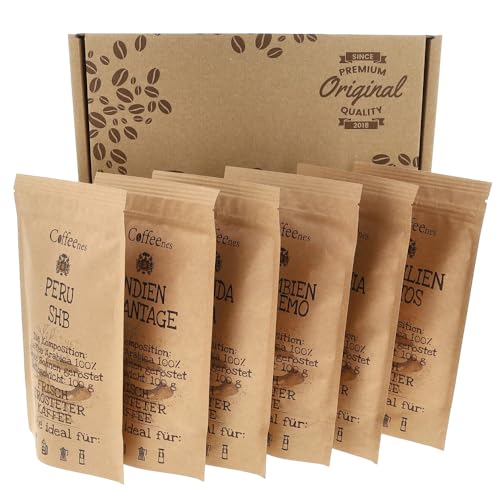Coffeenes Kaffeebohnen Probierset Geschenkset mit Spezialitätenkaffee – Ganze Bohnen – 100% Arabica – Frisch Geröstet – aus Kolumbien, Peru, Brasilien, Indien, Uganda & Tansania – 6x100 g