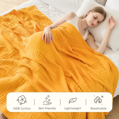 Image of EMME Muslin Blankets for Adults Throw Blanket for Couch Breathable Gauze Soft Lightweight Airy Mustard Yellow Twin XL 66 inch x 90 inch