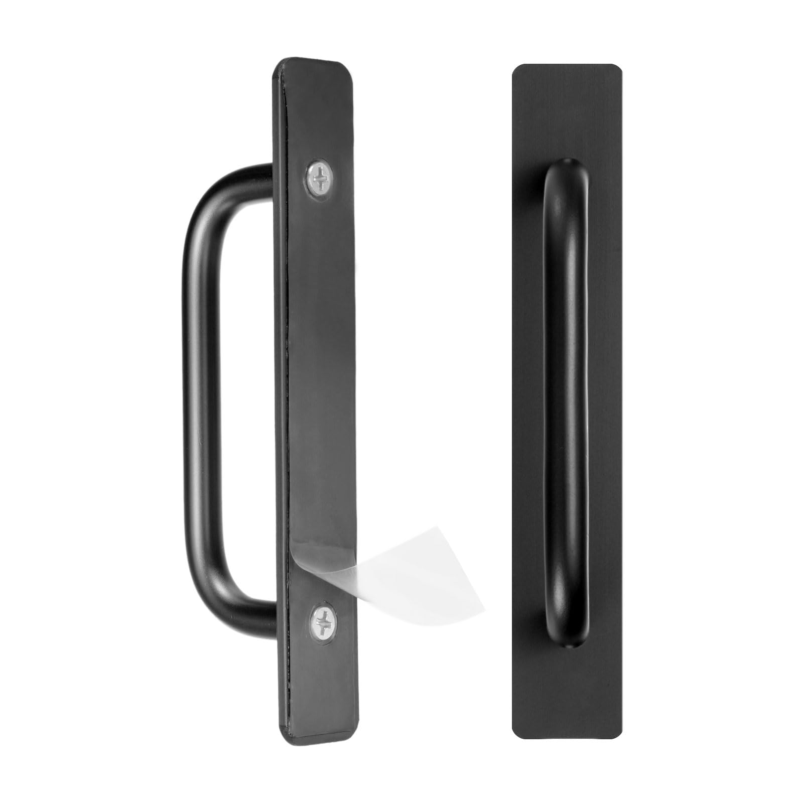 M METERXITY 2-Pack Self Stick Barn Door Handles, 5.91Inch/150mm Length Aluminium Alloy Gate Handle with Double Sided Tape for Bathroom/Wardrobe/Closet, Sliding Door Handle with Plate [Black]