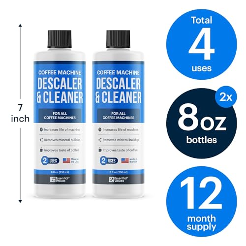Image of Essential Values Universal Descaling Solution, Made in the USA for Delonghi, Keurig, Breville,Nespresso (4 Uses) Coffee Machine Descaler Cleaner for all Automatic Coffee Makers & Espresso Machines