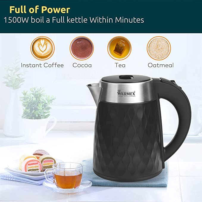 Image of Warmex Double Wall Electric Kettle for Hot Water with 1.8 Ltr | 304 Stainless Steel Inner Body /Auto Shut Off / 360 Deta | Boil & Serve 09 Black