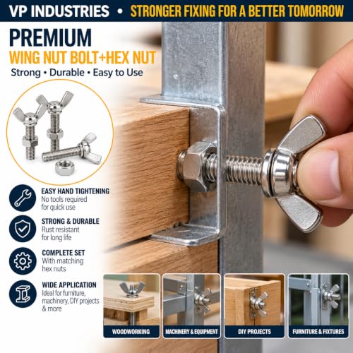 Image of By VP INDUSTRIES (Combo - 10 Pcs) M6x16 Wing Nut Bolt with Hex Nut