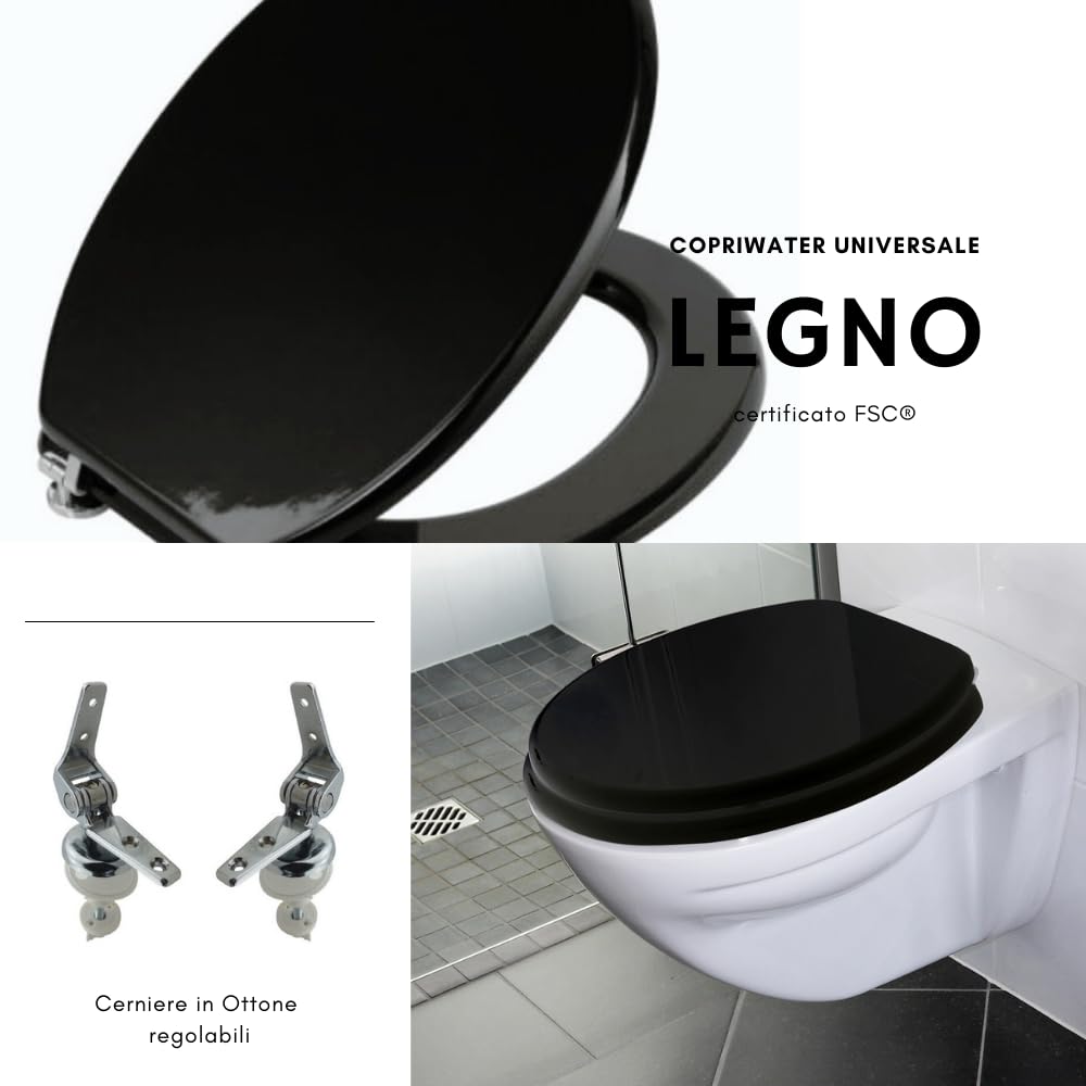 Schläfer 4638201 | Sedile Wc Nero, Copriwater Universale Colorato per Bagno, Coprivaso Weser, Tavoletta Copri Wc Bagno in Legno, Cerniere Regolabili in Ottone Cromato, Copritazza per Wc Forma Ovale.