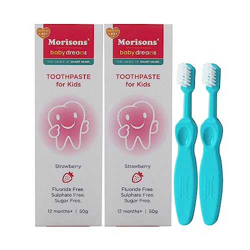 Image of Morisons* babydreams THE CHOICE OF SMART MUMS Kids Strawberry Flavour Toothpaste 50 Gm (Pack Of 2) & Baby Premium Oral Care Toothbrush With Soft Bristles (Pack Of 2) - Manual