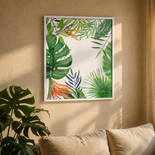 Image of PAINTINGMANTRA Tropical Green Leaves Framed Canvas Wall Art Painting for wall decoration | Botanical Leaf Nature Inspired Painting for Living Room, Bedroom and Office, 11x13 Inch