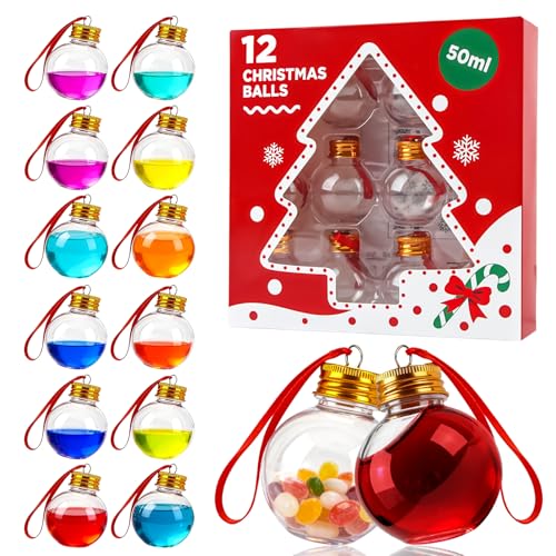 CIYIN 12 Bolas de Navidad para Rellenar, Bolas Navidad Personalizadas Transparentes de Plástico para Árbol, con Adhesivos de Copos de Nieve, Rellenables con Bebidas o Dulces, Regalo Ideal (50 ml)
