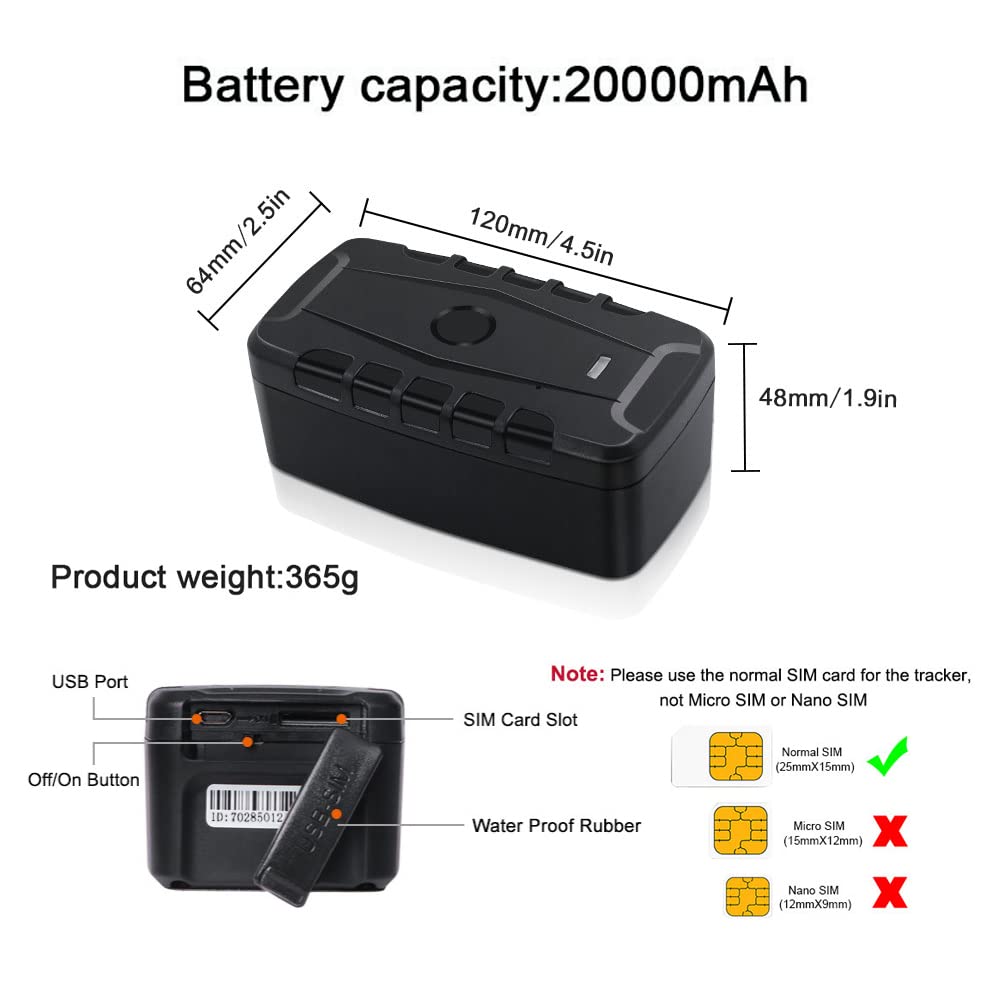 GPS Tracker per Auto 20000mah Localizzatore GPS Batteria Lunga Durata APP Senza Abbonamento IP67 Impermeabile Geofencing Smart Alarm con Magneti Multipli Incorporati può Visualizzare Tracce Storiche