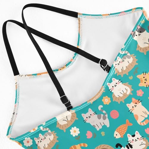 senya Girls Swimsuits One-Piece Swimwear Tie Bathing Suit Beach Summer Round Neck 7-8T Cat Yarn Ball Pattern4
