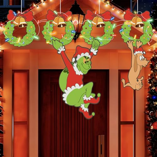 Outdoor Christmas Fence Peeker Yard Signs Wreath with LED Lights- Party Decorations for Indoor Christmas Tree Decor Yard Garden Door Fence for Holiday (Wreath)