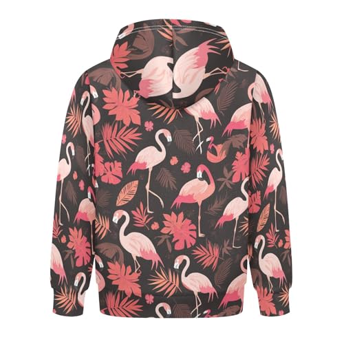Pink Flamingos on Black Background Kids Boys Girls Sweatshirts Long Sleeve Pullover Hoodie Kangaroo Pocket2
