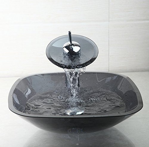 Robinet mitigeur cascade laiton et lavabo évier en verre trempé avec bonde pop up fluide