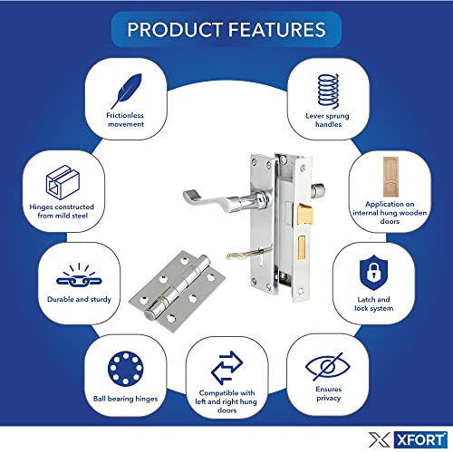 XFORT Chrome Elegance Range Polished Chrome Victorian Lever Lock Pack, Complete Set with Lock Door Handles, 65mm Sashlock and 75mm Ball Bearing Hinges, for Internal Wooden Doors - Image 2