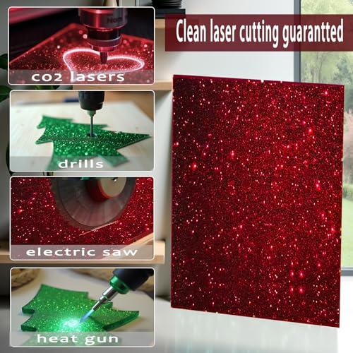 Image of Glitter Acrylic Sheets, Red+Green, 8 inchx8 inch, 2 Pack | 1 /8 in Thick, Cast Sparkly, For Laser Cutting, Engraving, Invitation Blanks