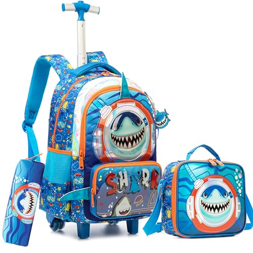 Meetbelify Mochila infantil com rodinhas para meninos e meninas do ensino fundamental, 01 tubarão