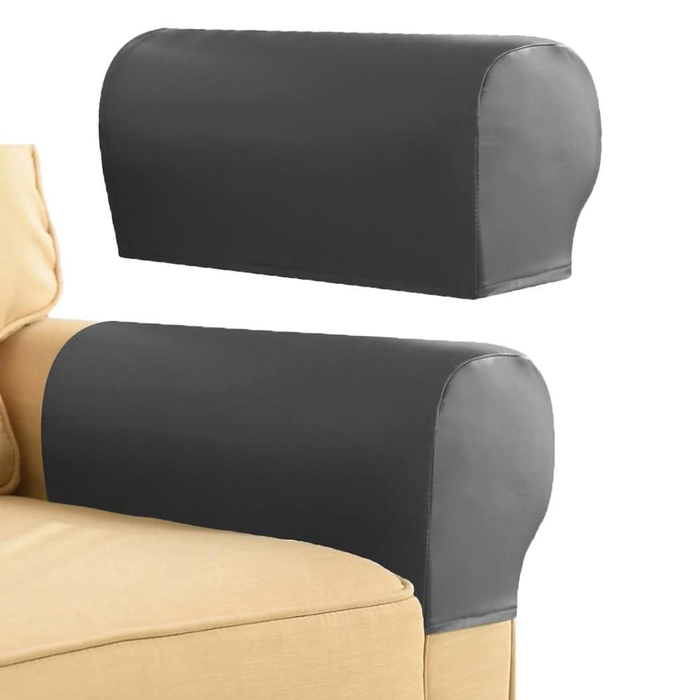 Chaexii Soft PU Leather Armrest Cover, Scratch Resistant Arm Caps, Waterproof Furniture Armrest Protector for Armchair Couch Recliner, Pack of 2 (Grey)