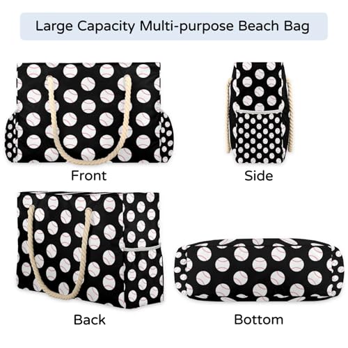 Baseball Black Tote Beach Bag for Women with Zipper Large Waterproof Sandproof Swim Pool Bag4