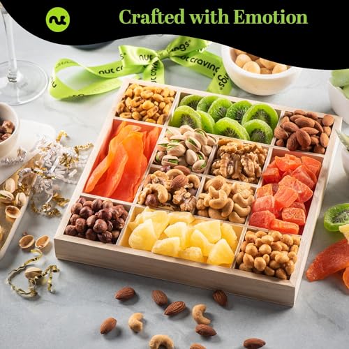 NUT CRAVINGS Gourmet Collection - Valentines Dried Fruit & Mixed Nuts Gift Basket in Reusable Wooden Tray + Ribbon (12 Assortments) Arrangement Platter, Healthy Kosher Corporate - Image 3