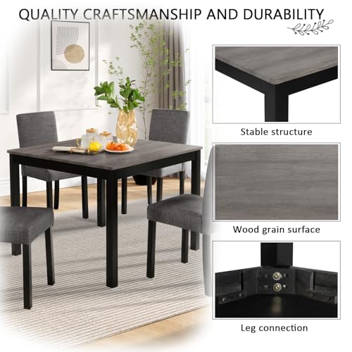 Image of KEIKI 5-Piece Standard Height Dining Table Set with Square Table and 4 Upholstered Curved Backrset Chair, for 4 Person, Modern Wooden Table Set, Easy Assembly, for Kitchen, Dining Room, Black+Gray