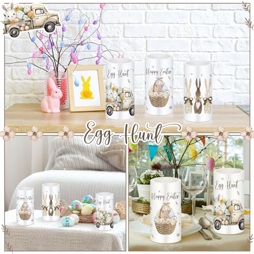 Image of Retisee 3 Pcs Farmhouse Easter Flameless LED Candles Battery Operated Bunny Spring Flickering Pillar Candles with Remote Rabbit Happy Easter Centerpiece for Bedroom Living Room Dinner Table Decoration