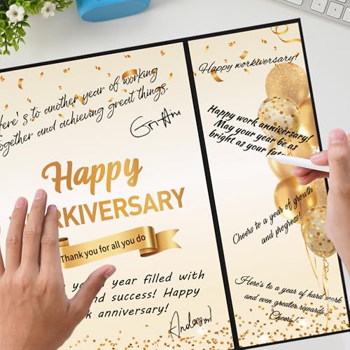 Image of DARUNAXY Black Gold Happy Workiversary Party Decorations, Happy Work Anniversary Alternative Signature Guest Book for Men Women Employee Business Gifts Signing Card Board for Office Supplies