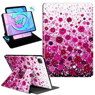 Gmeyutqy Case for iPad Air 13 Inch (M3/M2, 2025/2024) & iPad Pro 12.9 6th/5th/4th Gen, 360 Degree Rotating Swivel Stand Flip Leather Cover with Auto Sleep/Wake, Pink Poppy Field