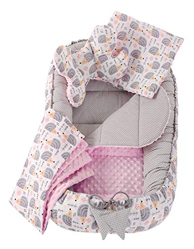 Réducteur de Lit 5 éléments bébé Cocon 90x50cm nouveau-né 100% Coton Baby nest Medi Partners couverture insérer coussin, Hérissons avec Rose Clair