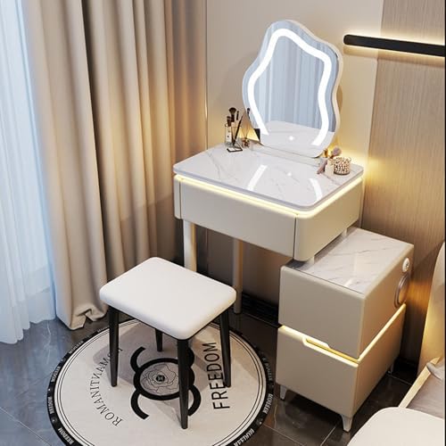 Commode de chambre intelligente avec audio Bluetooth et chargement sans fil, ensemble de commode en bois massif avec miroir éclairé par LED et tabouret,...