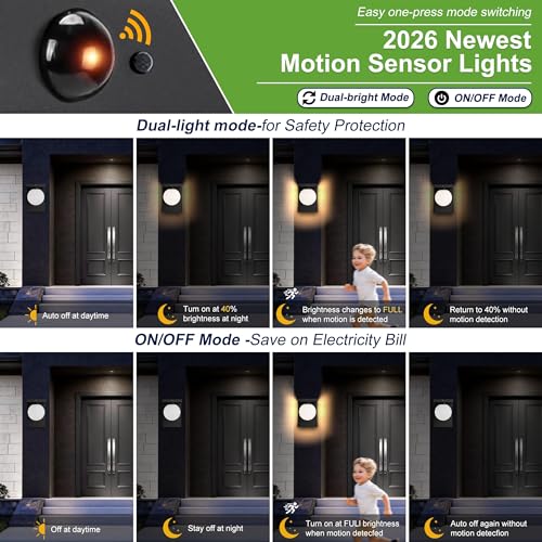 Image of LED Outdoor Wall Lights, Frosted Glass Globe Porch Light, Black Exterior Light Fixture, Motion and Photocell Sensor, 12 Watt 3000K Waterproof, Patio Front Door, Garage, Hardwired, 2 Pack