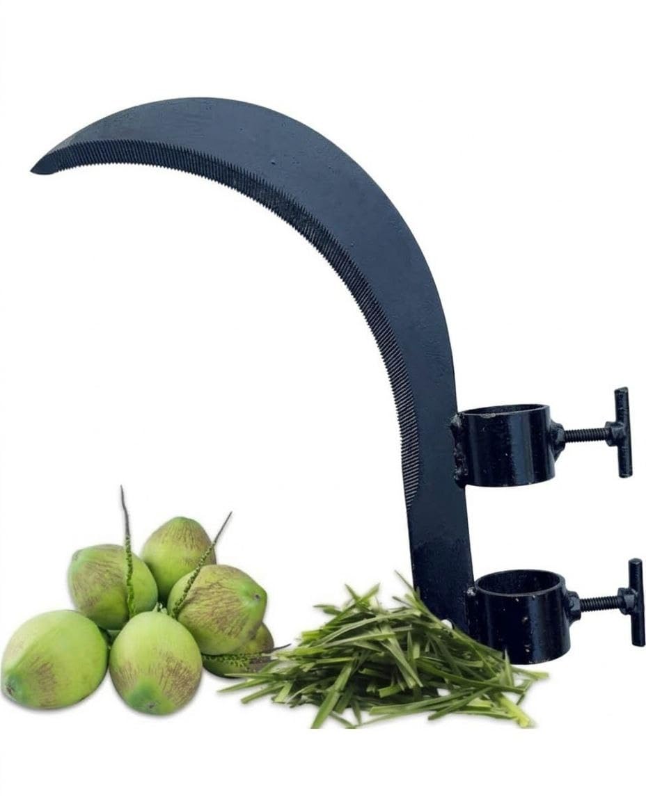 Hudioo Multipurpose Grass Sickle Cutter Head Coconut Plucker Tool Adjustable Clamp Handle High Carbon Steel Blade for Weed Cutting Tree Branch Farming and Outdoor Gardening Use